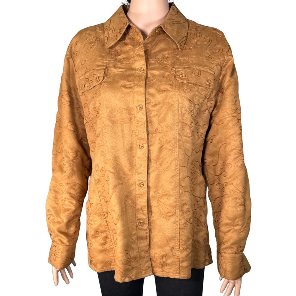 Chico's Tan Embroidered Faux Suede Shacket (Chico's Size 3 = XL)